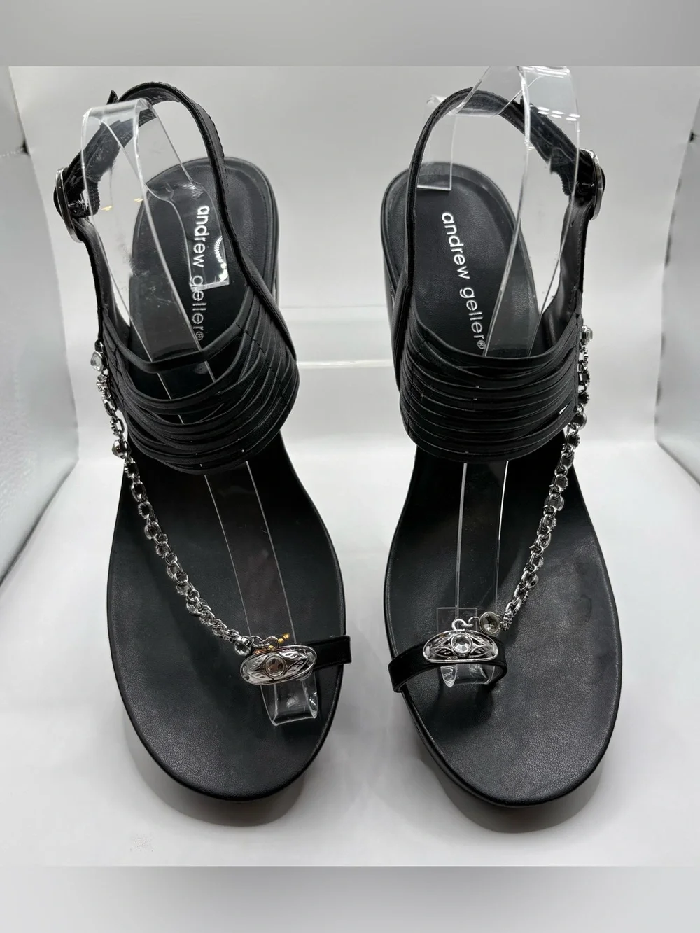 Andrew Geller Black Wedge Sandals with Crystal Accent